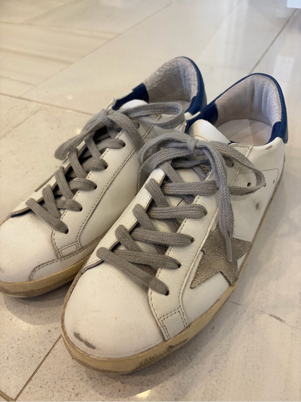 Golden Goose Super-Star White Leather Silver Star Blue Heel Sneakers